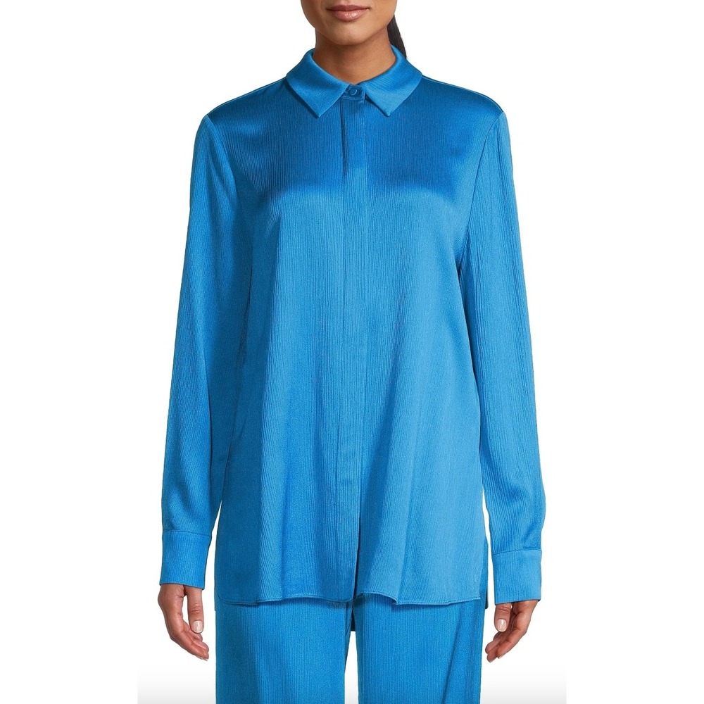 Kobi Halperin Bella Ocean Blue Satin Oversized Button Down Shirt Size M